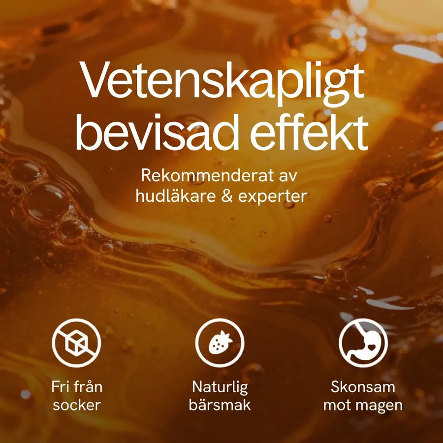 Infografik om Envana flytande kollagen: sockerfri, naturlig bärsmak och skonsam mot magen