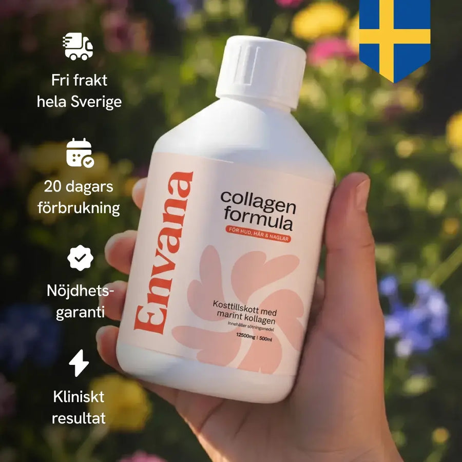 Hand håller flaska Envana marint kollagen: fri frakt i hela Sverige, 20 dagars förbrukning, nöjdhetsgaranti