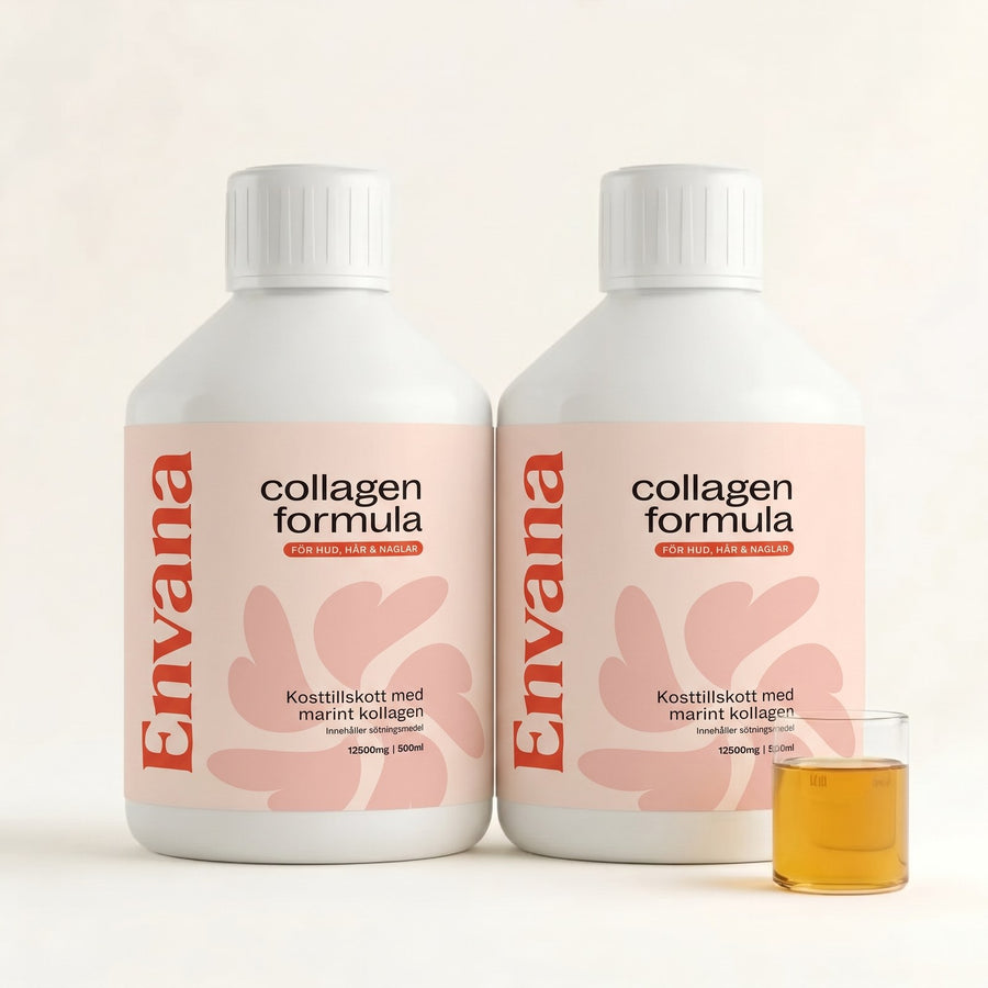 Två flaskor Envana Collagen Formula 500 ml med ett glas kollagen