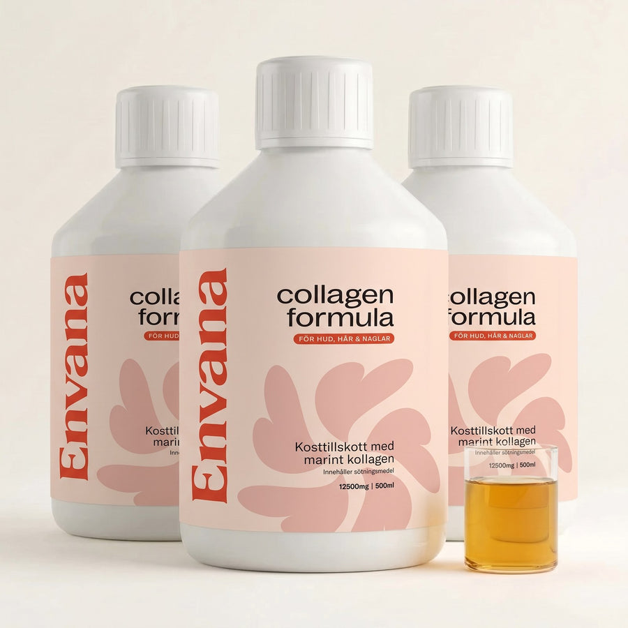 Tre flaskor Envana Collagen Formula 500 ml med ett glas kollagen
