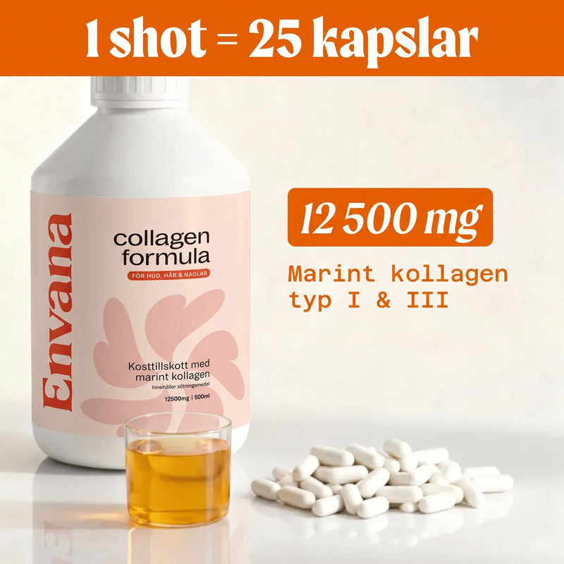 En dos flytande kollagen motsvarar 25 kapslar