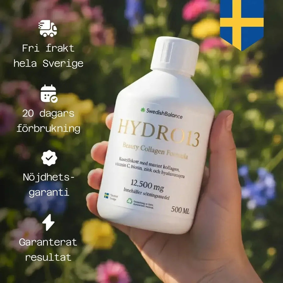 Hand håller kollagenflaska, fri frakt och nöjdhetsgaranti