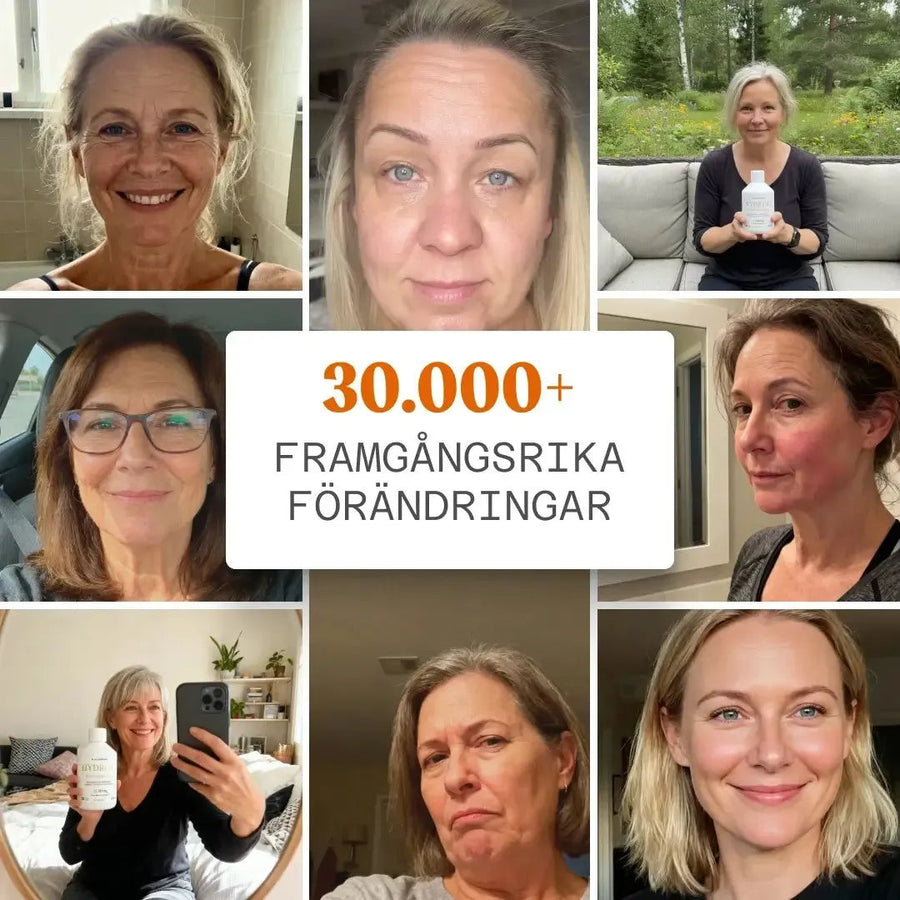 Collage med kunder som använt flytande marint kollagen