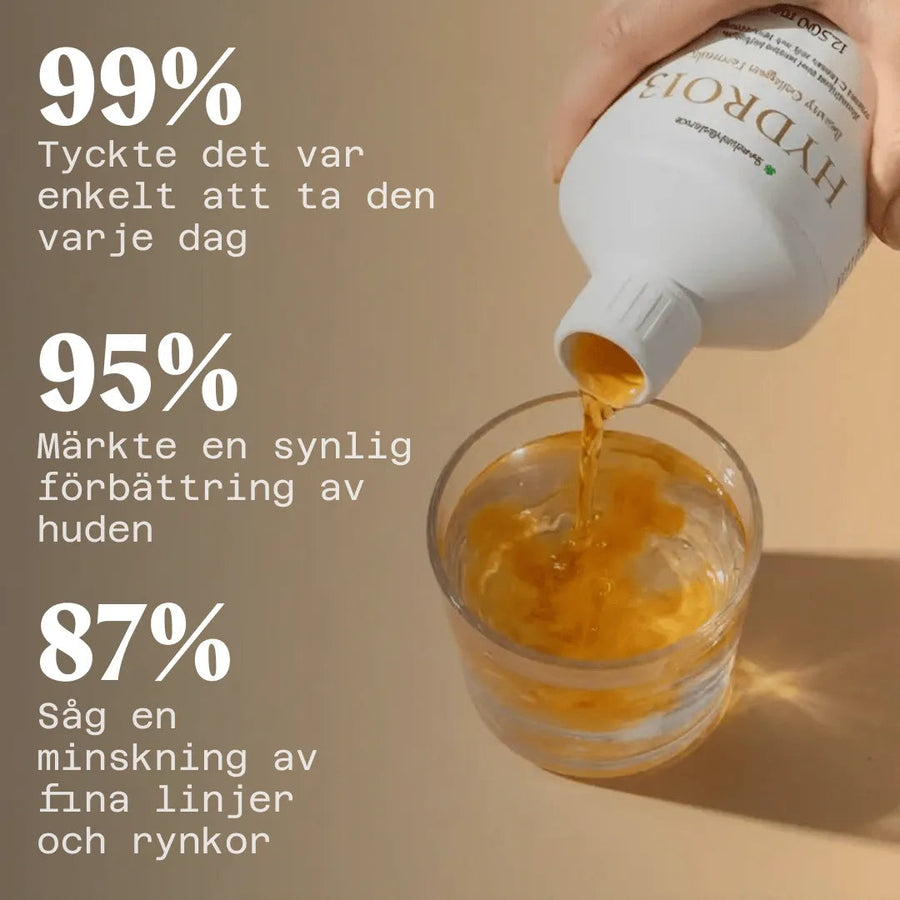 Flytande kollagen hälls i glas, användarresultat i procent