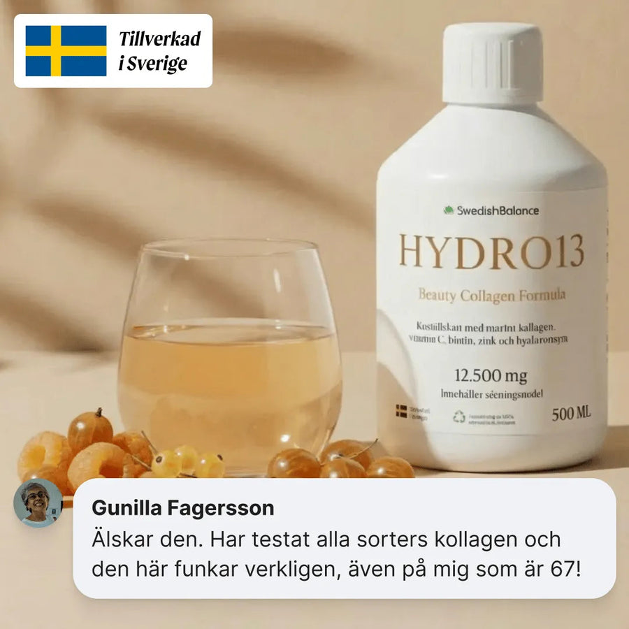 Flytande marint kollagen i glas med flaska, tillverkad i Sverige