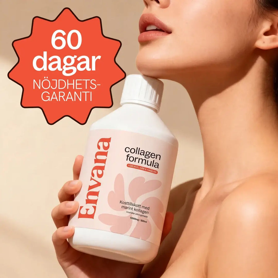 Kvinna håller en flaska Envana flytande marint kollagen, märkt med 60 dagars nöjdhetsgaranti