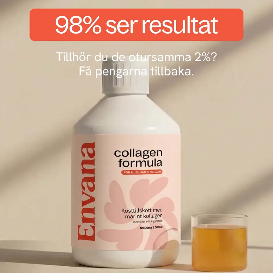Flaska Envana Collagen Formula med information om pengarna tillbaka garantin