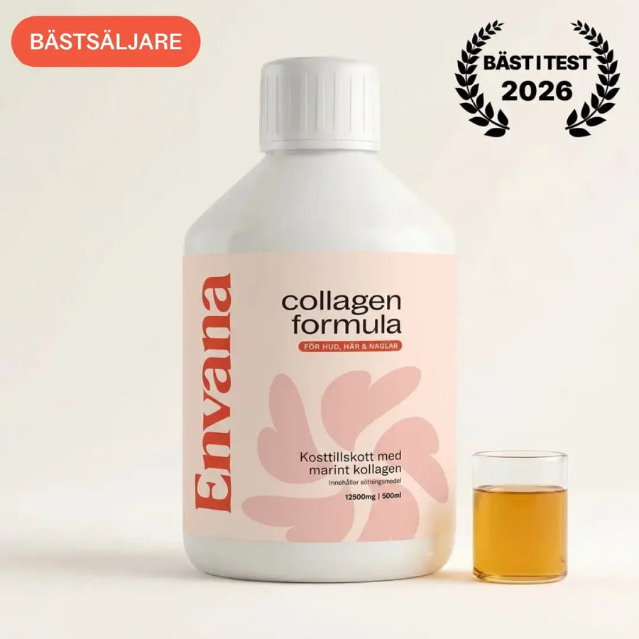 Flaska Envana Collagen Formula, flytande marint kollagen 12 500 mg, bredvid ett glas med dagsdosen