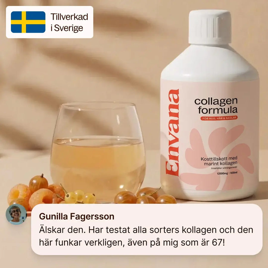 Flaska Envana marint kollagen med glas, svensk flagga och kundkommentar från Gunilla, 67 år