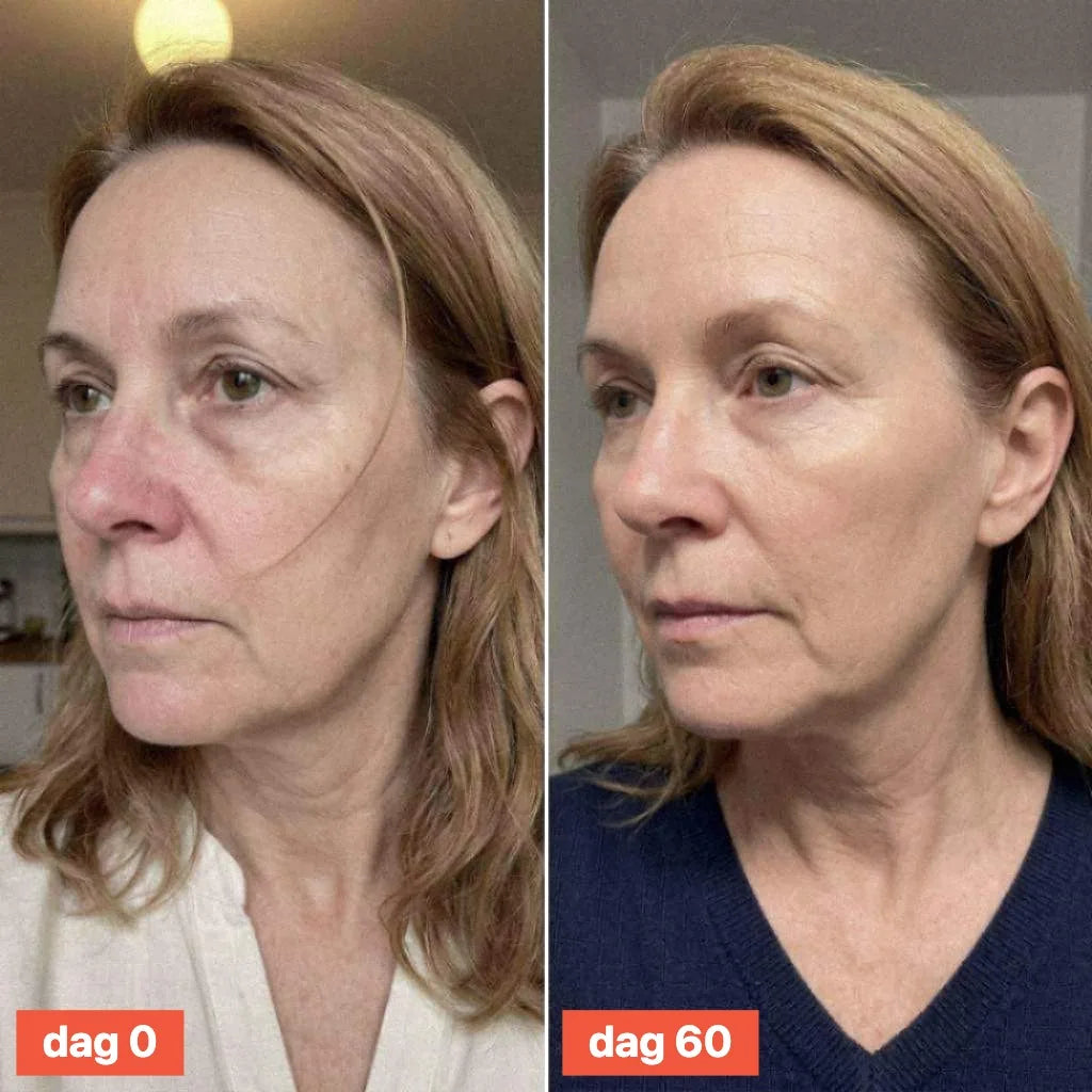 Three-quarter view of a woman's face and jawline on day 0 and day 60.