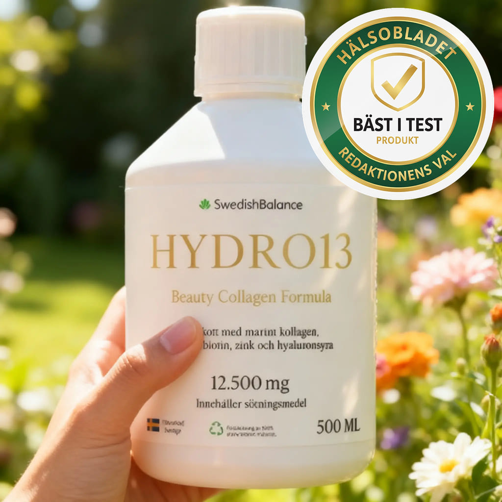 Hand holding Envana Beauty Collagen Formula bottle with a quality seal, surrounded by flowers.