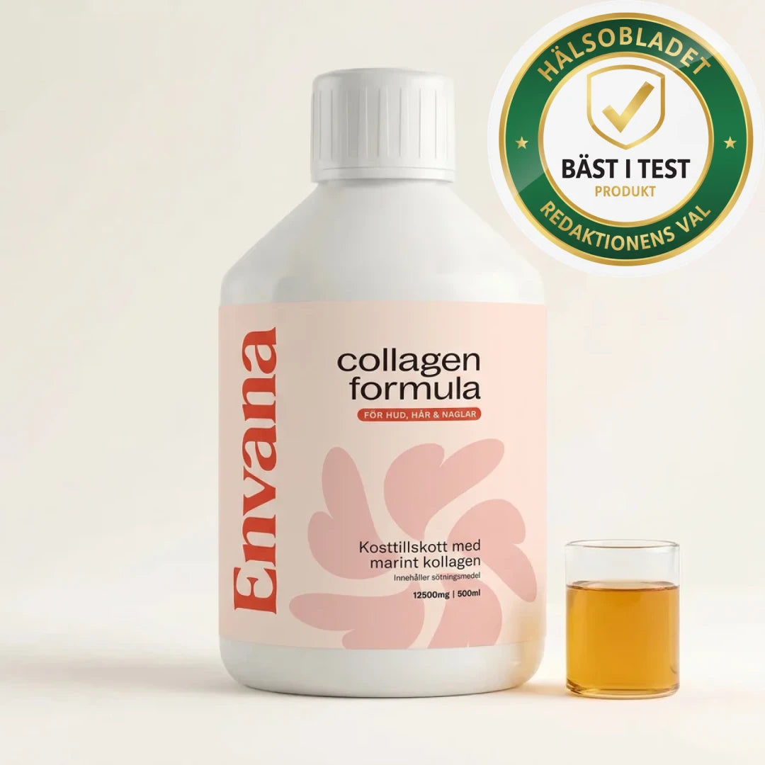 Testvinnaren Envana Collagen Formula med ett shotglas kollagen och utmärkelsen bäst i test 2026
