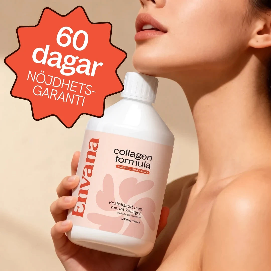 Kvinna håller en flaska Collagen Formula, 60 dagars nöjdhetsgaranti